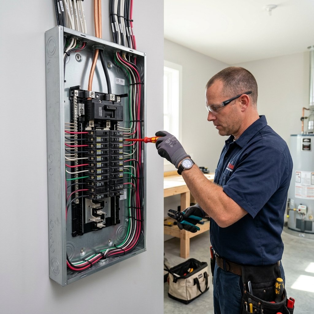 Electrician installing modern electrical panel breaker box